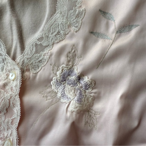 Vintage NATORI Nightgown Medium Pink Satin Long Sleeve Tunic Embroidered Lace - Picture 3 of 14